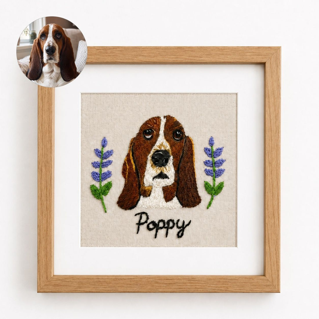 Custom Embroidered Pet Portrait Frame with Personalized Name | Square Pet Embroidery Wall Art
